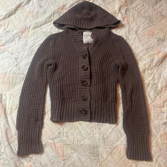 aeropostale y2k brown fairy grunge hooded button up knit cardigan size large - Picture 1 of 6